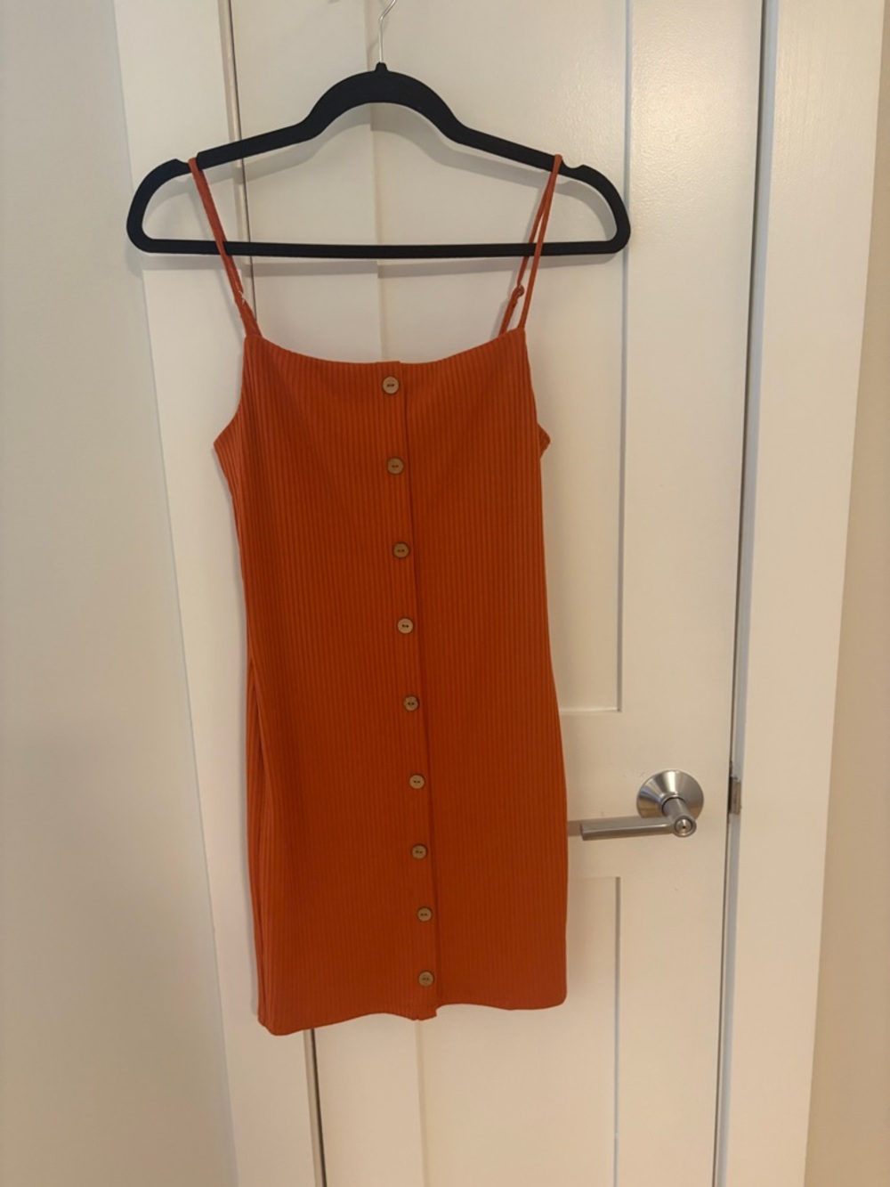 Forever 21 Ribbed Button-Front Spaghetti Strap Mini Dress in Rust